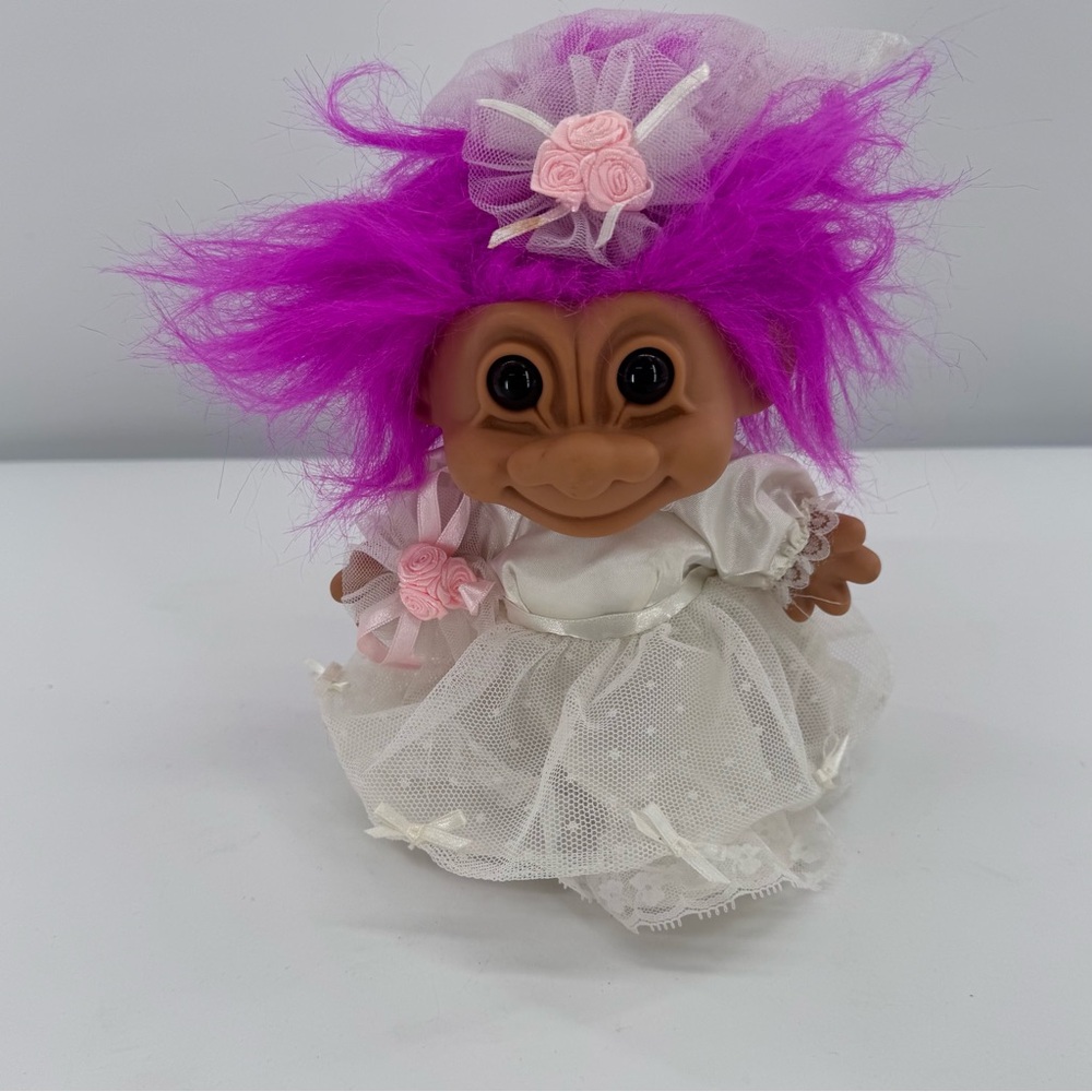 Vintage Russ Troll Doll Bride‎ With Wedding Gown Pink Hair 8”